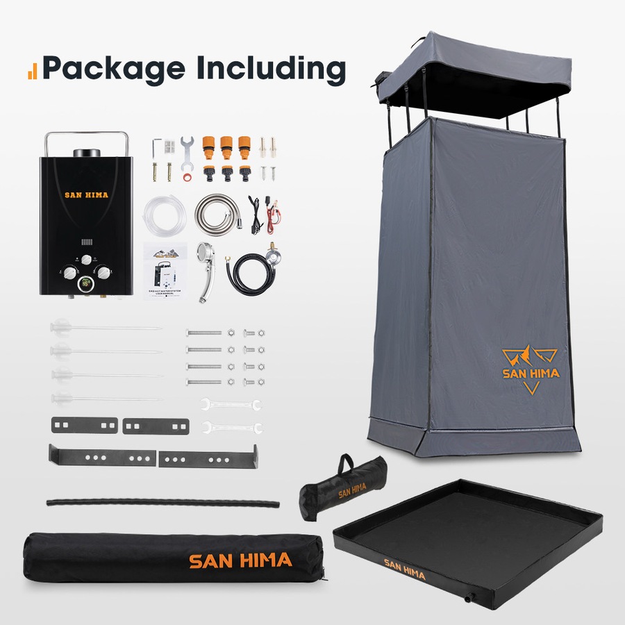San Hima Camping Shower Tent Grey + Gas Hot Water Heater Black +Shower Tent Base