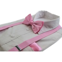 Mens Baby Pink 100Cm Suspenders & Matching Bow Tie & Pocket Square Set