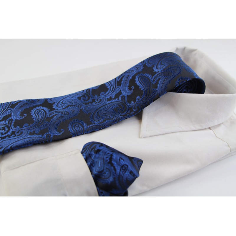 Buy Mens Black & Blue Paisley Patterned Neck Tie & Matching Pocket Square Set MyDeal