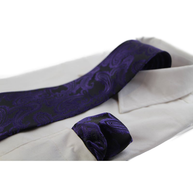 Buy Mens Black & Purple Paisley Patterned Neck Tie & Matching Pocket ...