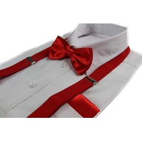 Mens Red 100Cm Suspenders & Matching Bow Tie & Pocket Square Set