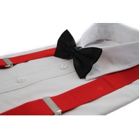 Mens Red 100Cm Wide Suspenders & Black Bow Tie Set