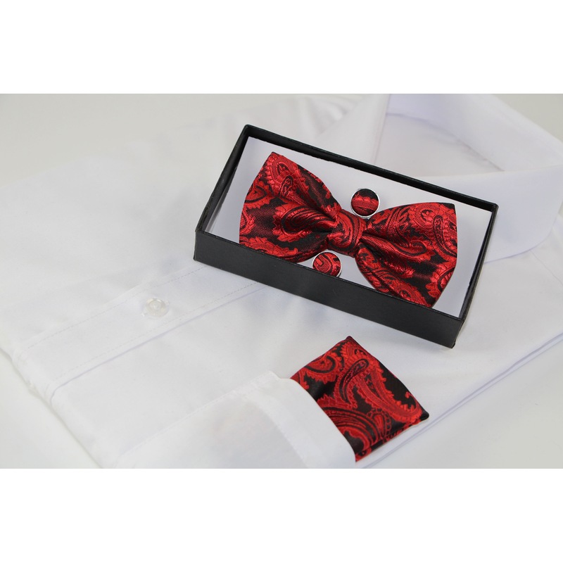 Buy Mens Red Paisley Tinsel Matching Bow Tie, Pocket Square & Cuff