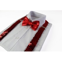 Mens Red Sequin Patterned Suspenders & Bow Tie Set