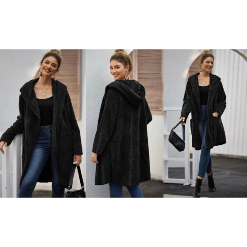 Buy Womens Open Front Hooded Teddy Coat With Pockets Mydeal