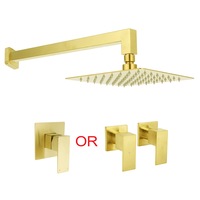 Brushed Gold 8/10" Square Rainfall Shower Head 400mm Long Straight Wall Arm Set
