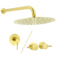 Brushed Gold Large 12" Shower Rain Head 350mm Straight Wall Mount Arm Mixer Taps