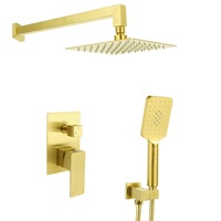Brushed Gold Square 8/10" Rain Shower Head 3 Mode Handheld Rose 400mm Straight Arm 2in1 Set