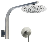 WELS Brushed Silver 8" Round Rainfall Shower Head & Brass Gooseneck Wall Arm Set
