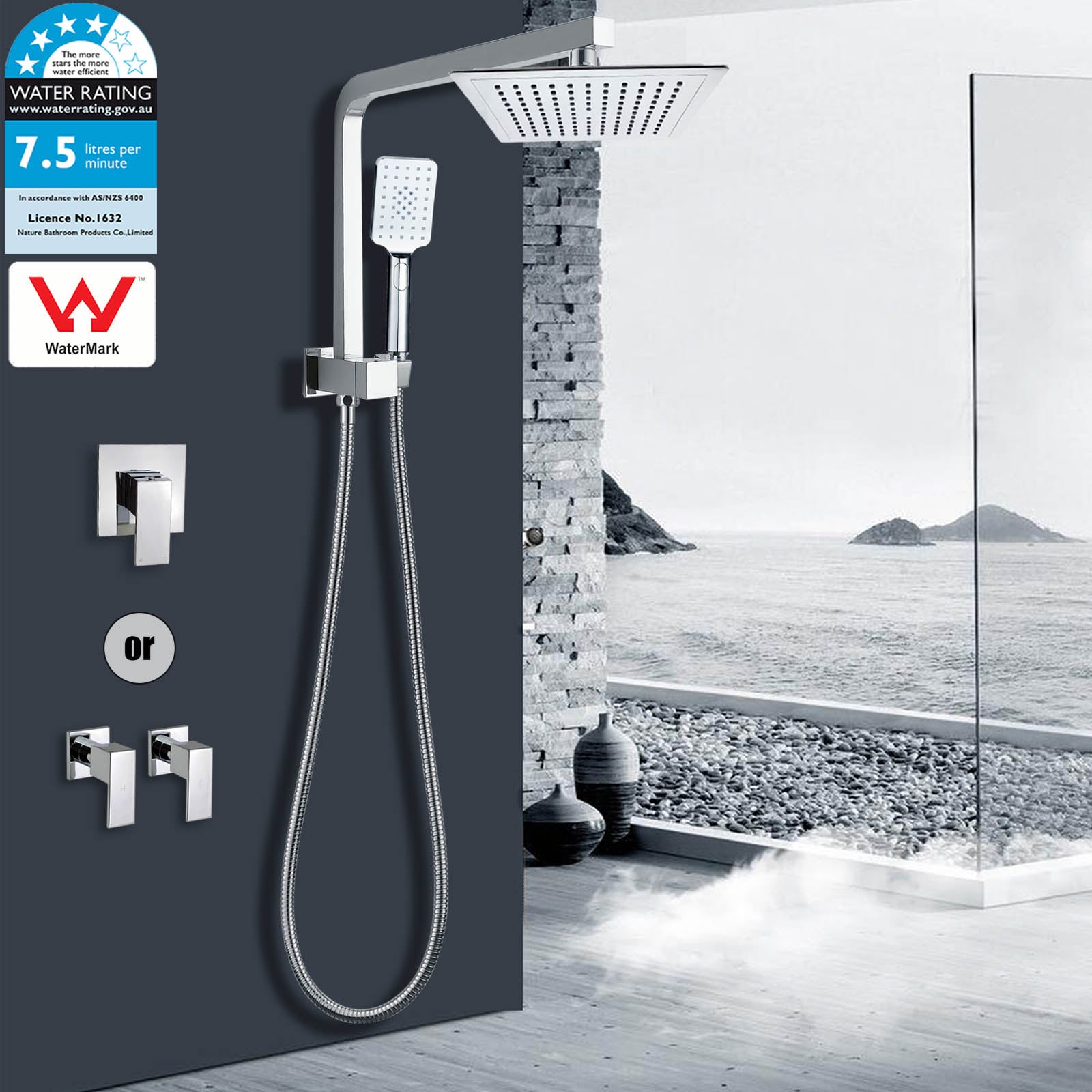 WELS 2in1 8/9/10 Inches Square Rainfall Shower Head Handheld Rose Diverter Wall Arm Set
