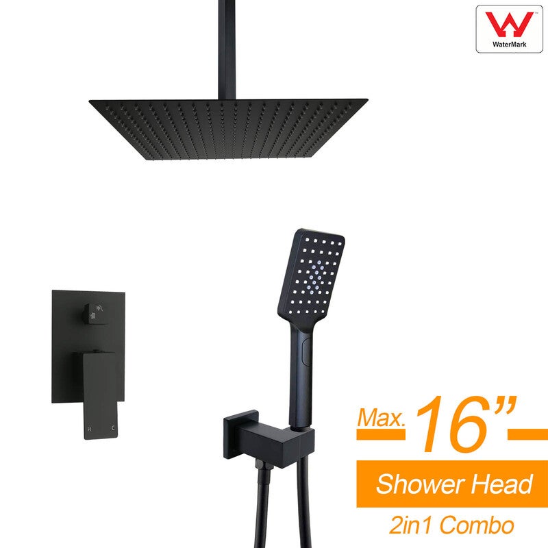 WELS Black Square 8/10/12/16" Ceiling Shower & Handheld Head Diverter 2in1 Combo