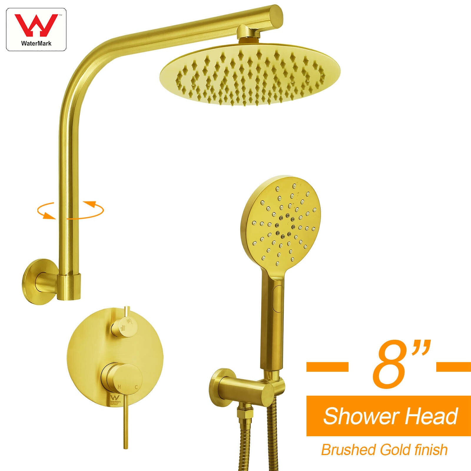 WELS Brushed Gold 8" Round Rainfall Shower Head 360?? Swivel Gooseneck Arm Combo