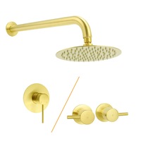 WELS Brushed Gold 8" Shower Rain Head 350mm Straight Wall Mounted Arm Mixer Taps