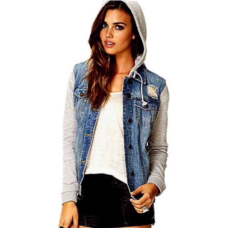 Buy Hooded Jersey Sleeve Denim Jacket in Wash Dark Blue MyDeal