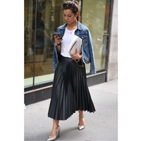 Black Elastic Waistband Metallic Pleated Midi Skirt