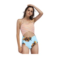 Halter Cut Out One Piece Monokini in Clementine/Striped