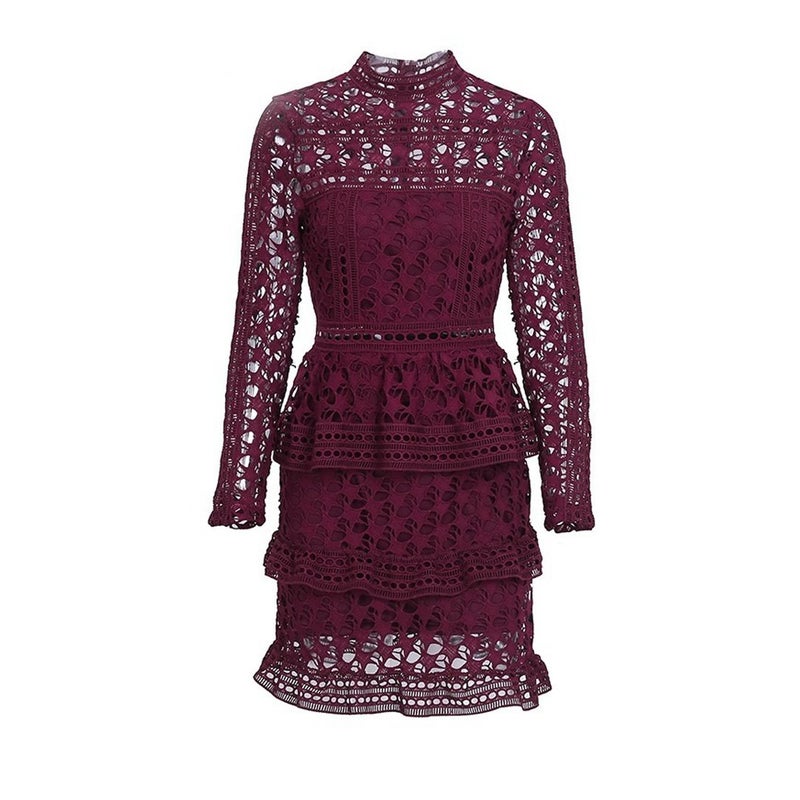 Buy High-Neck Star-Lace Tiered Mini Dress in Burgundy1 - MyDeal