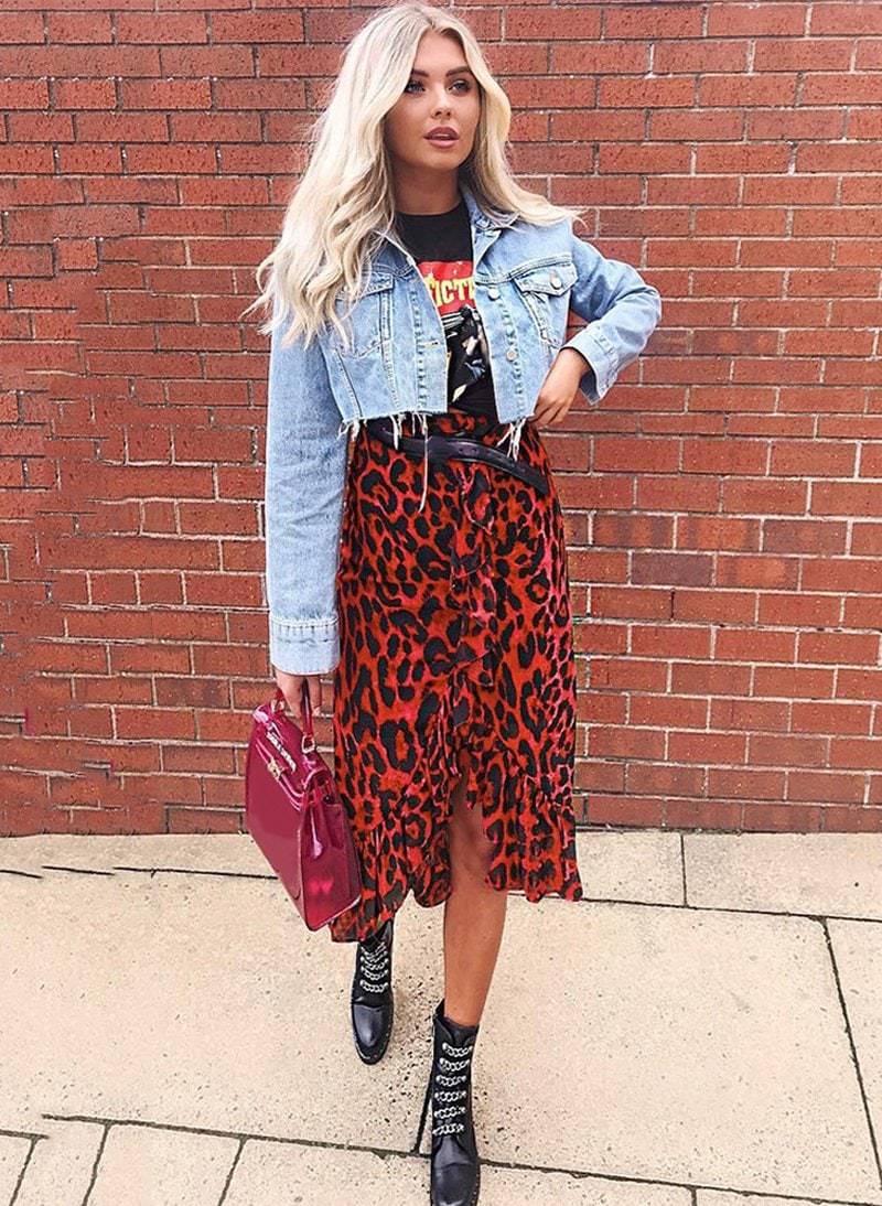 Buy High Waisted Leopard Print Ruffle Midi Skirt in Red MyDeal