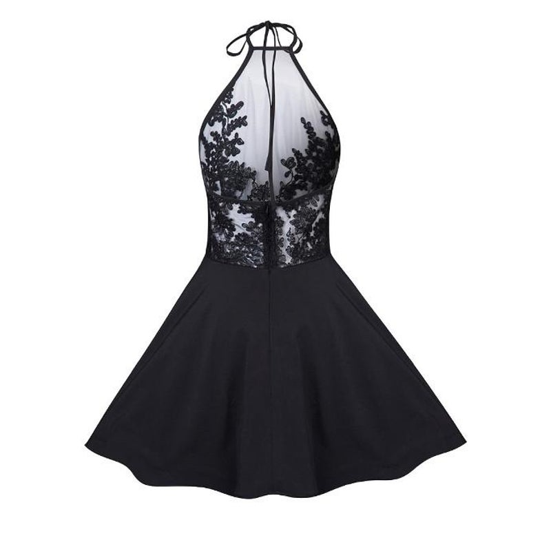 Buy Lace Applique Halter Backless Fit And Flare Black Dress - MyDeal