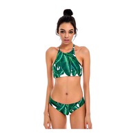Leafy Crisscross Back Brazilian Halter Bikini Set in Green