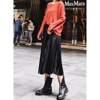 Elastic Waistband Metallic Pleated Midi Skirt in Black