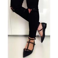 Rockstud T-Strap Caged Pointed Toe Ballet Flats Shoes