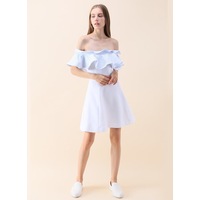 Two-tone Ruffle Off Shoulder Flared Party Dress