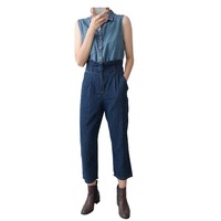 Two-tone Double Denim Belted High Waist Jumpsuit