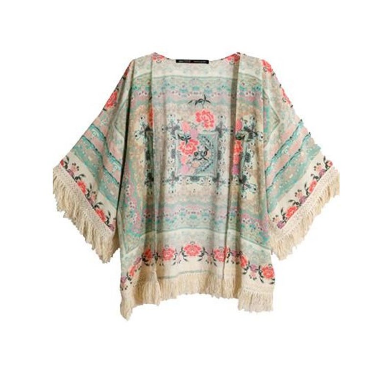 Buy Boho Floral Print Tassel Kimono Wrap - MyDeal