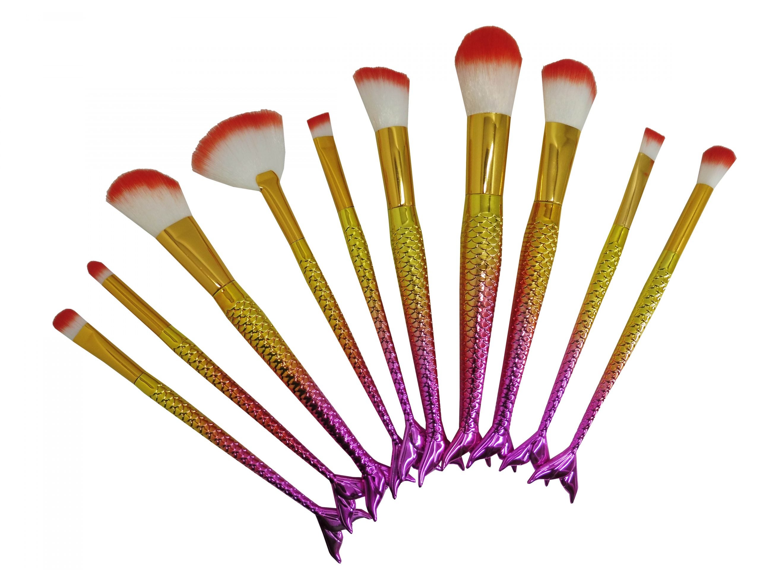 10 Piece Mermaid Tail Brush Set Professional Fiber Makeup Brush Multi Task Gold Purple