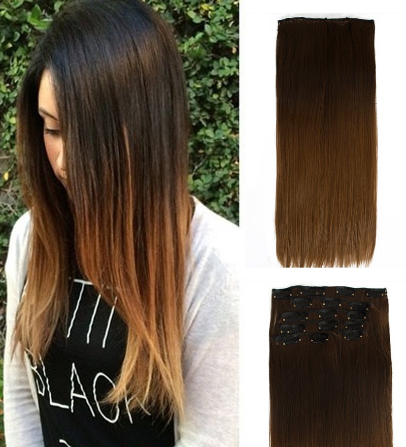22" Two Tone Ombre Brown Synthetic Hair Straight 7Piece 16Clips 02