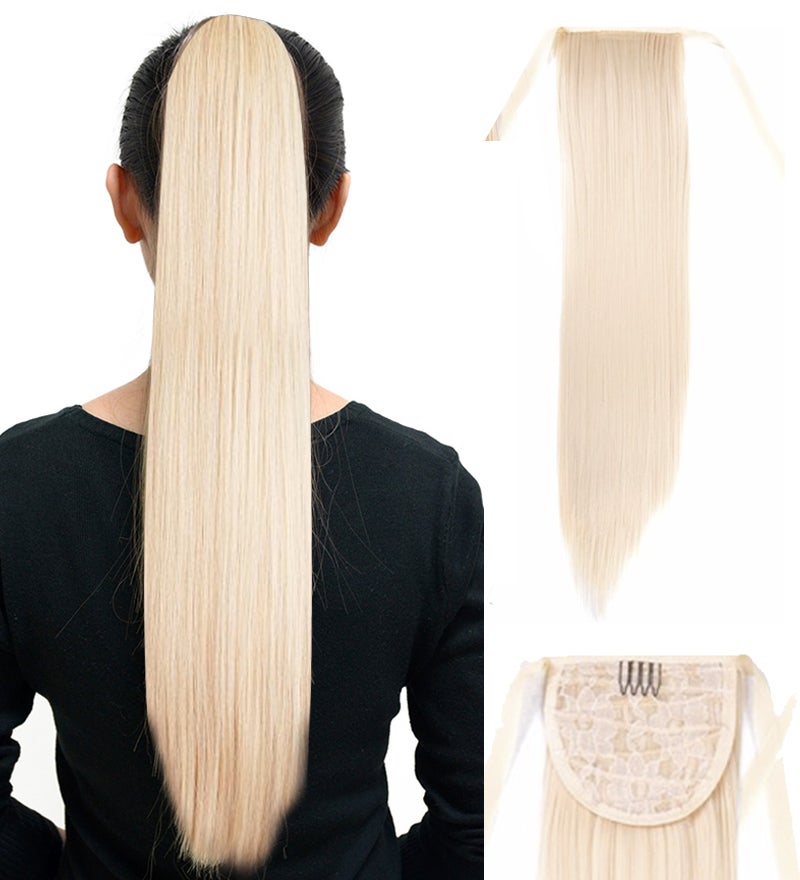 2Pcs 22" Light Blonde Hair Extension Synthetic Hair Ponytail Straight Ribbon 2X