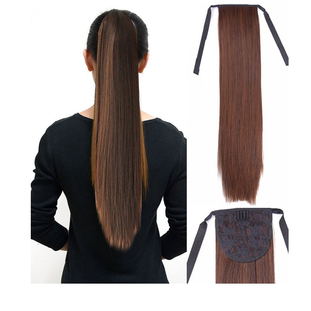 2Pcs 22" Light Brown Hair Quality Extension Synthetic Hair Ponytail Straight Ribbon 2X