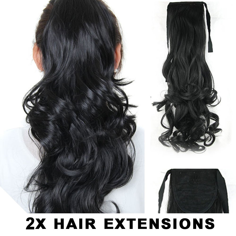 2Pcs High Grade Hair Ponytail Black 22" Ribbon Curl Pony Wavy Hair Extension 2X
