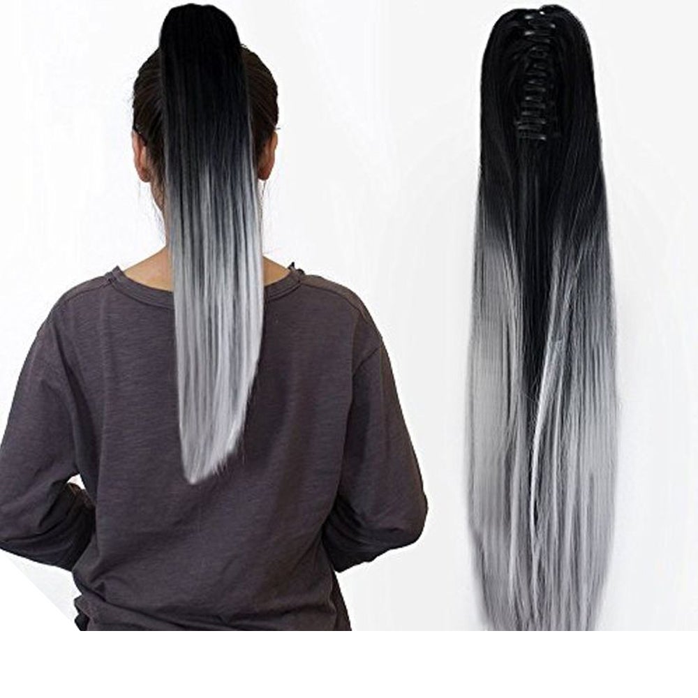 2Pcs Two Tone Ombre High Grade Silver Gray Straight Clip On Pony Tail 24" Hair Clamp11 2X