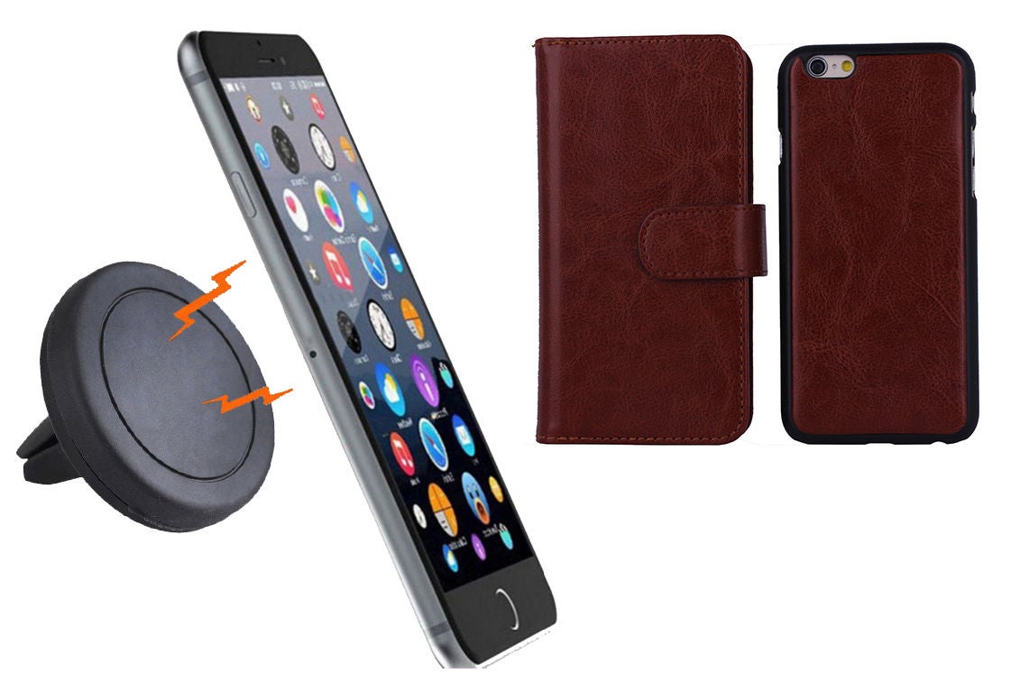 Magnetic Quick Snap Car Air Vent Mount Leather Card Case Iphone 6 - Brown