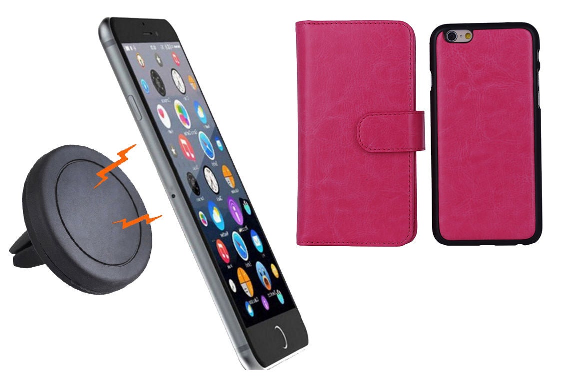 Magnetic Quick Snap Car Air Vent Mount Leather Card Case Iphone 6 - Pink