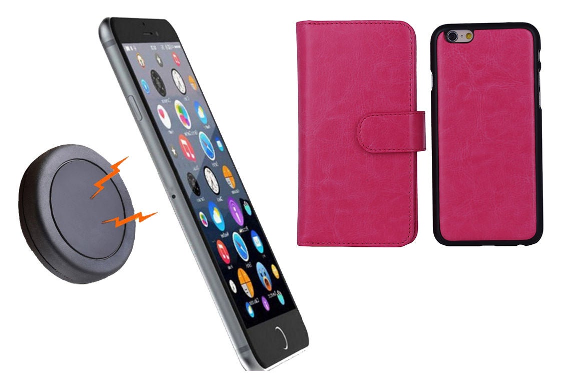 Magnetic Quick Snap Car Mount Leather Credit Card Case Holder Iphone 6 - Pink