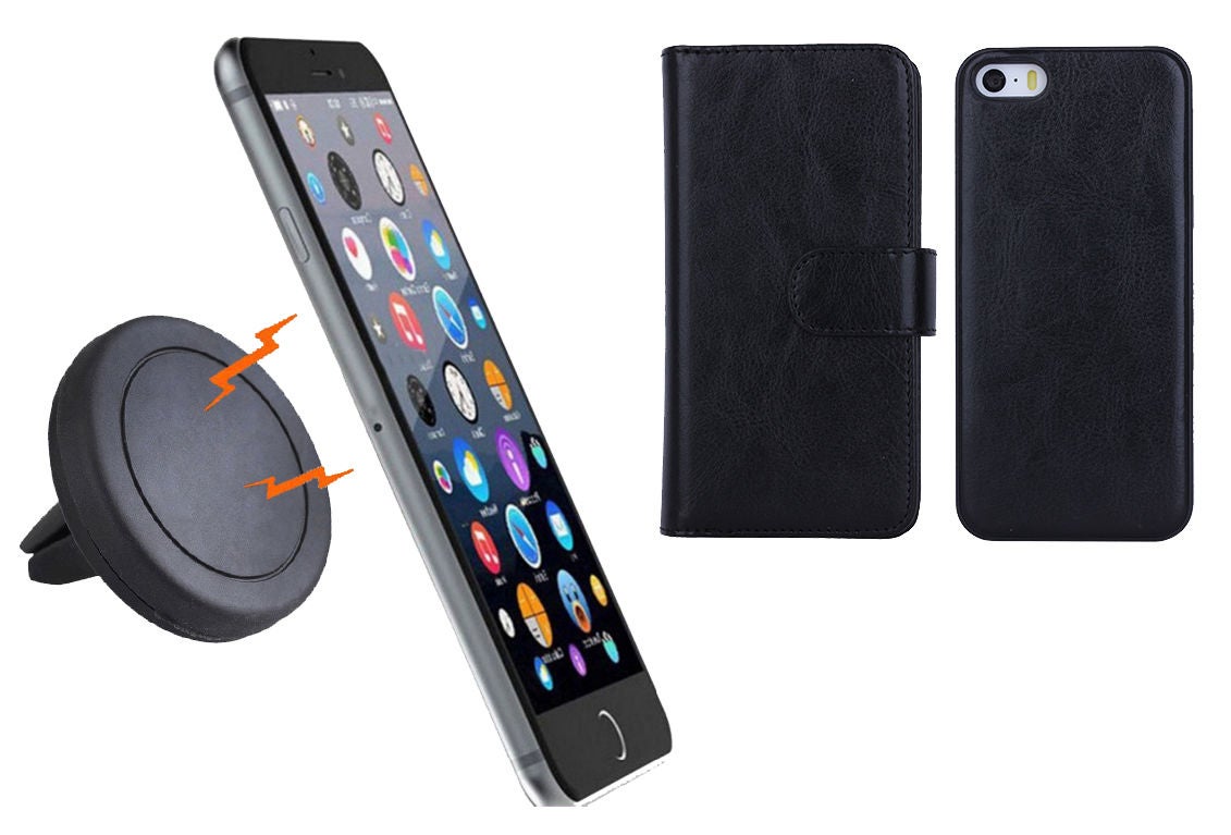 Magnetic Quick Snap Car Air Vent Mount Leather Card Case Iphone 6+ Plus - Black