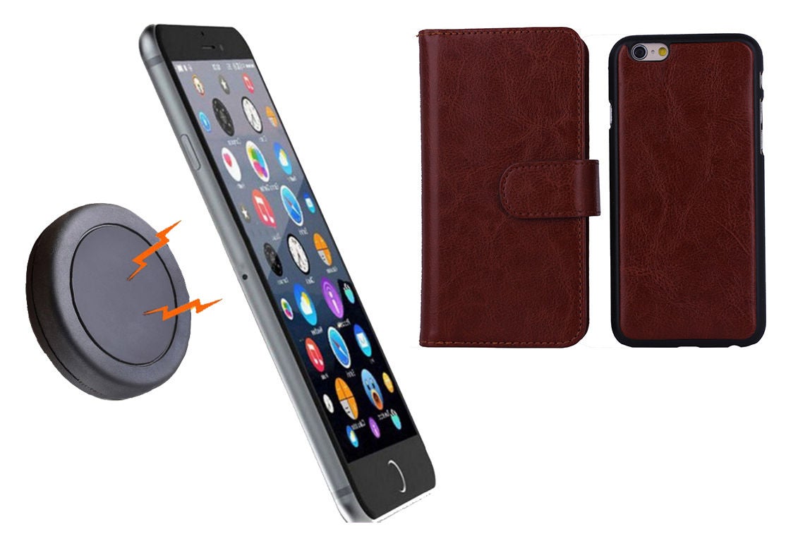 Magnetic Quick Snap Car Mount Leather Credit Card Case Holder Iphone 6+ Plus - Brown
