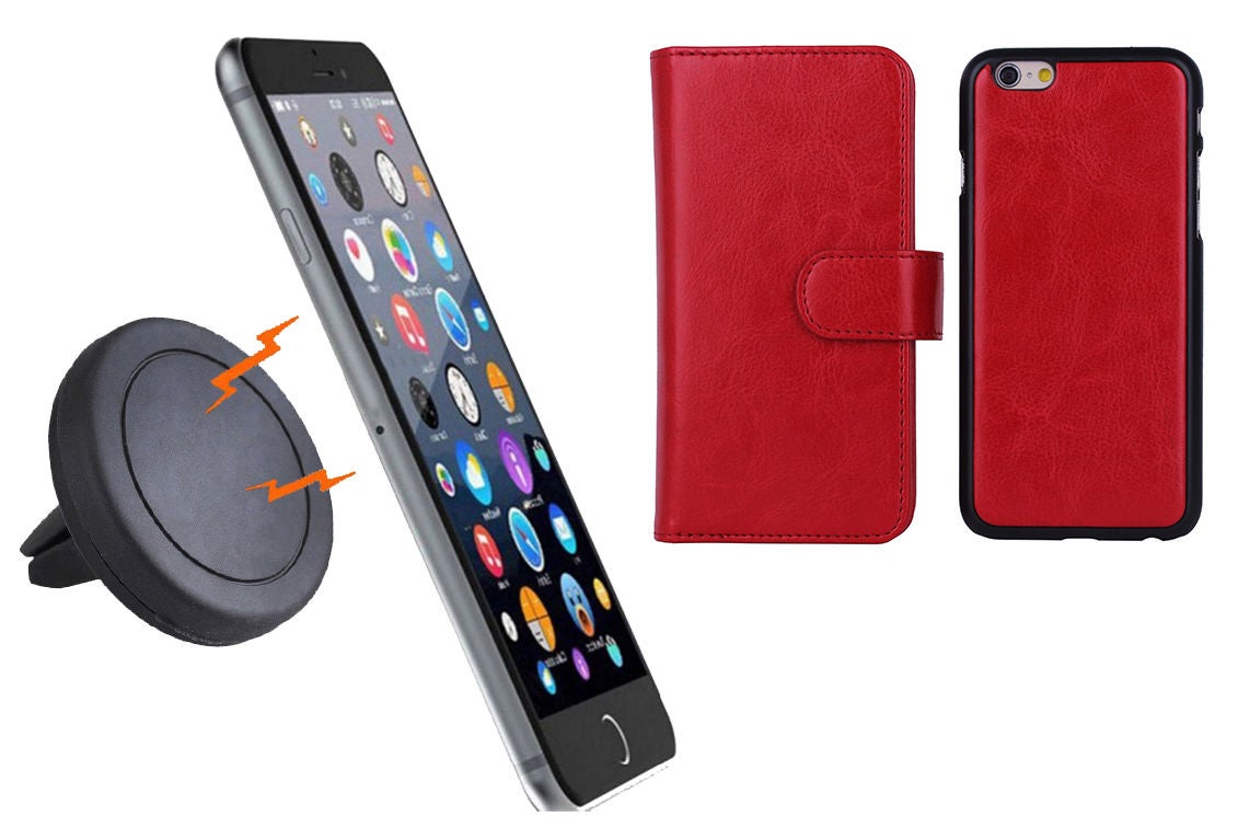 Magnetic Quick Snap Car Air Vent Mount Leather Card Case Iphone 6+ Plus - Red