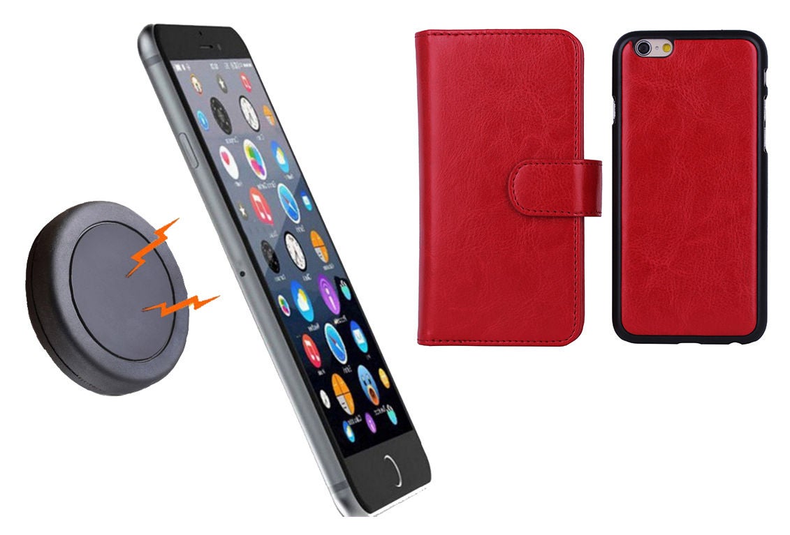 Magnetic Quick Snap Car Mount Leather Credit Card Case Holder Iphone 6+ Plus - Red