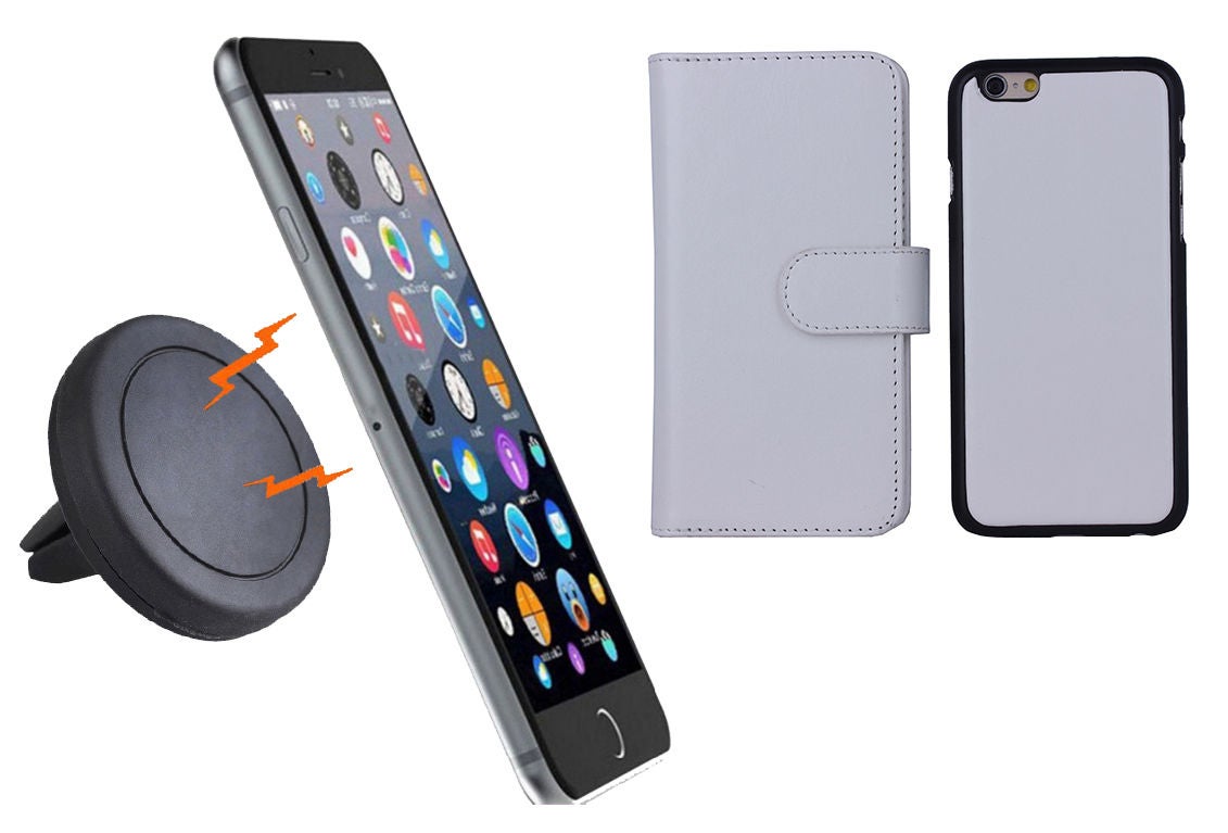 Magnetic Quick Snap Car Air Vent Mount Leather Card Case Iphone 6+ Plus - White