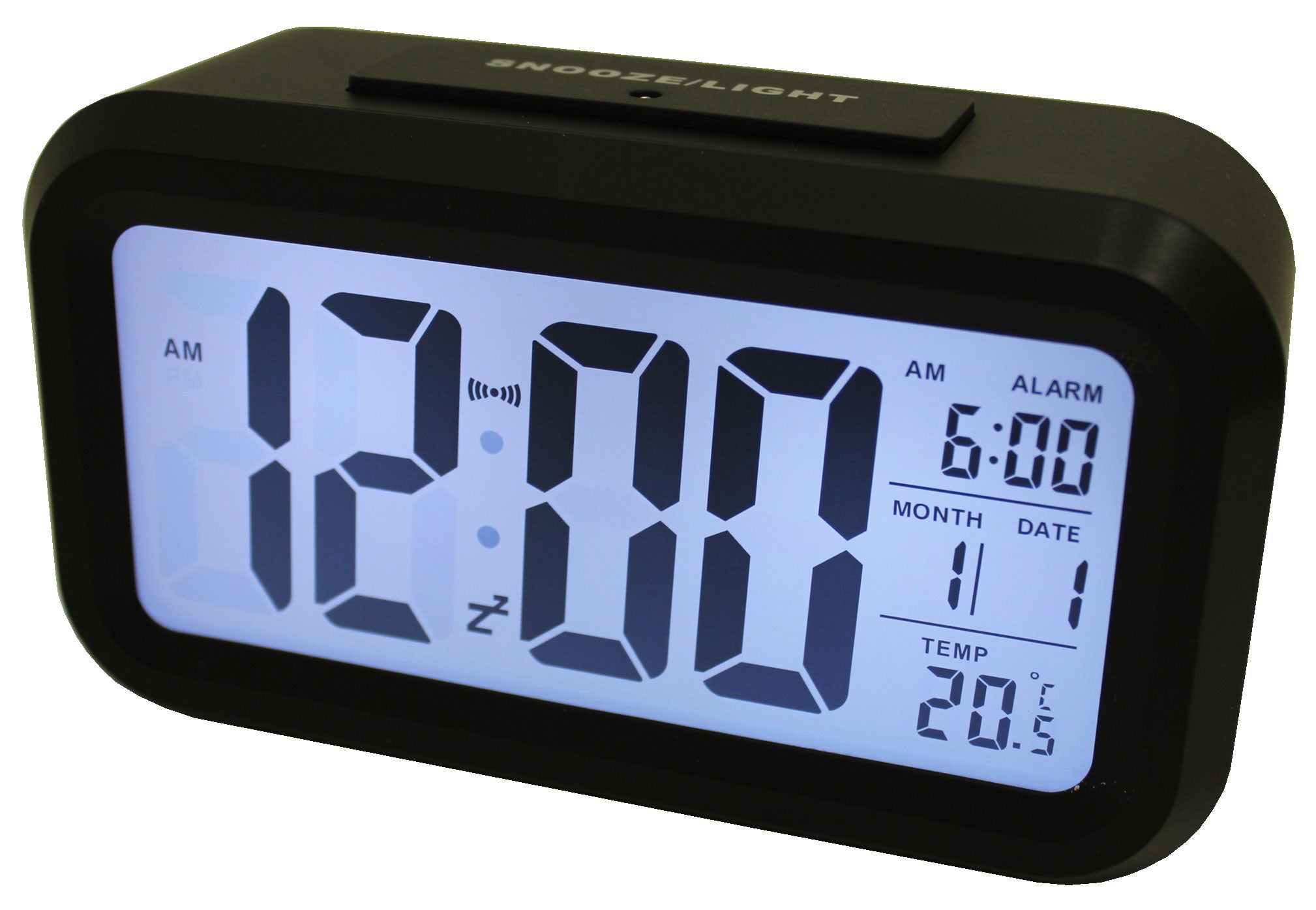 Light Sensor Alarm Clock W/ Backlit Display Portable Battery Operated Black