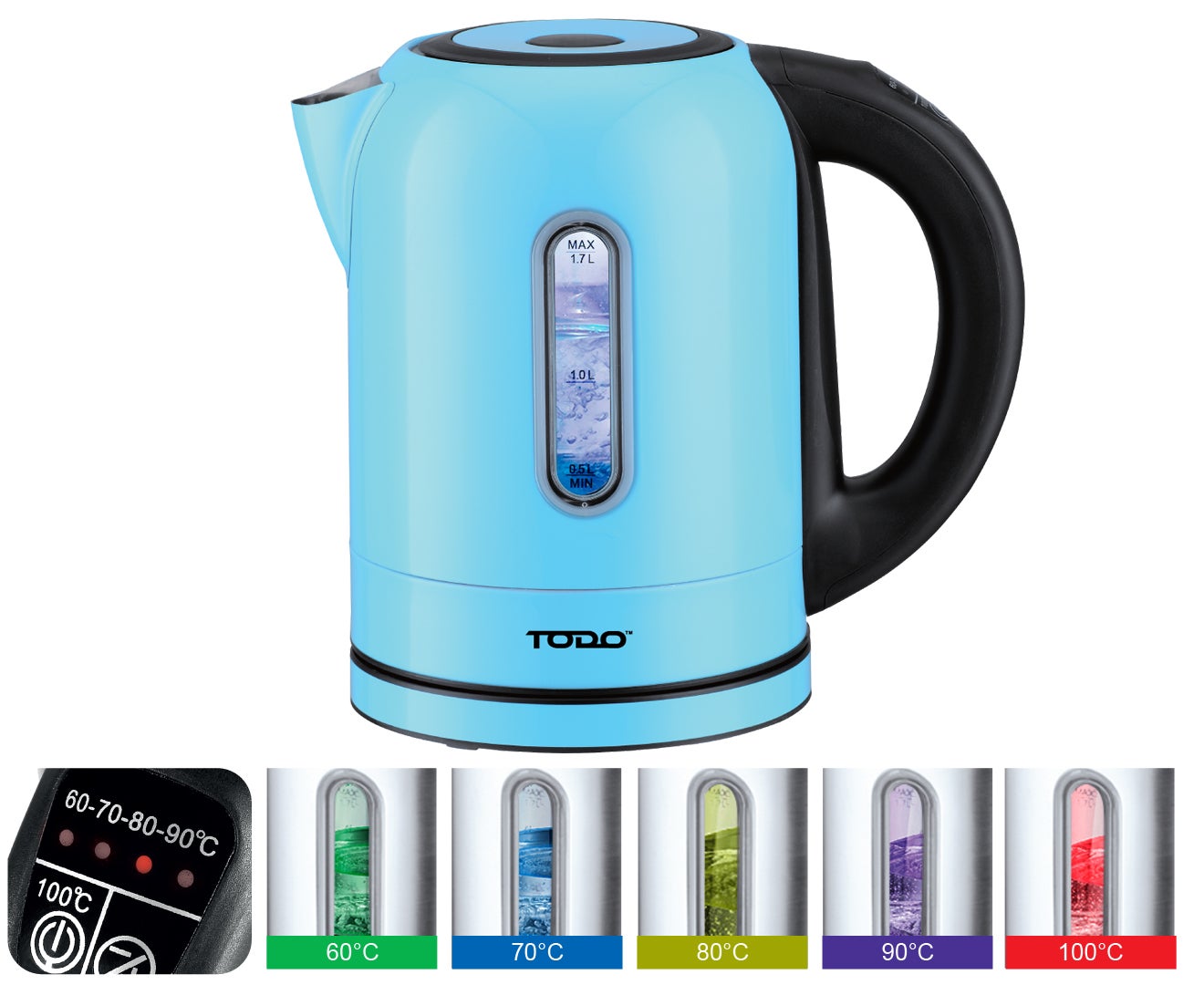 TODO 1.7L Stainless Steel Cordless Kettle Keep Warm Electric Led Water Jug Blue