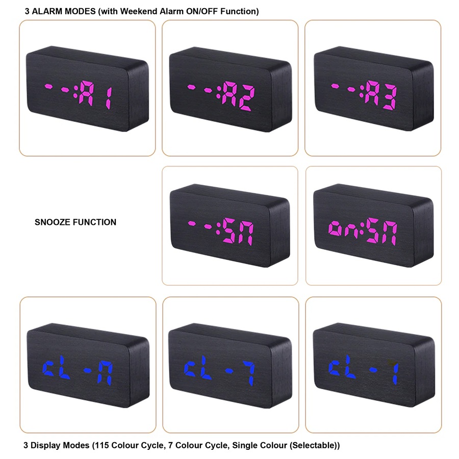 Buy TODO LED Digital Alarm Clock 3 Alarm 115 Colour Display USB Power ...