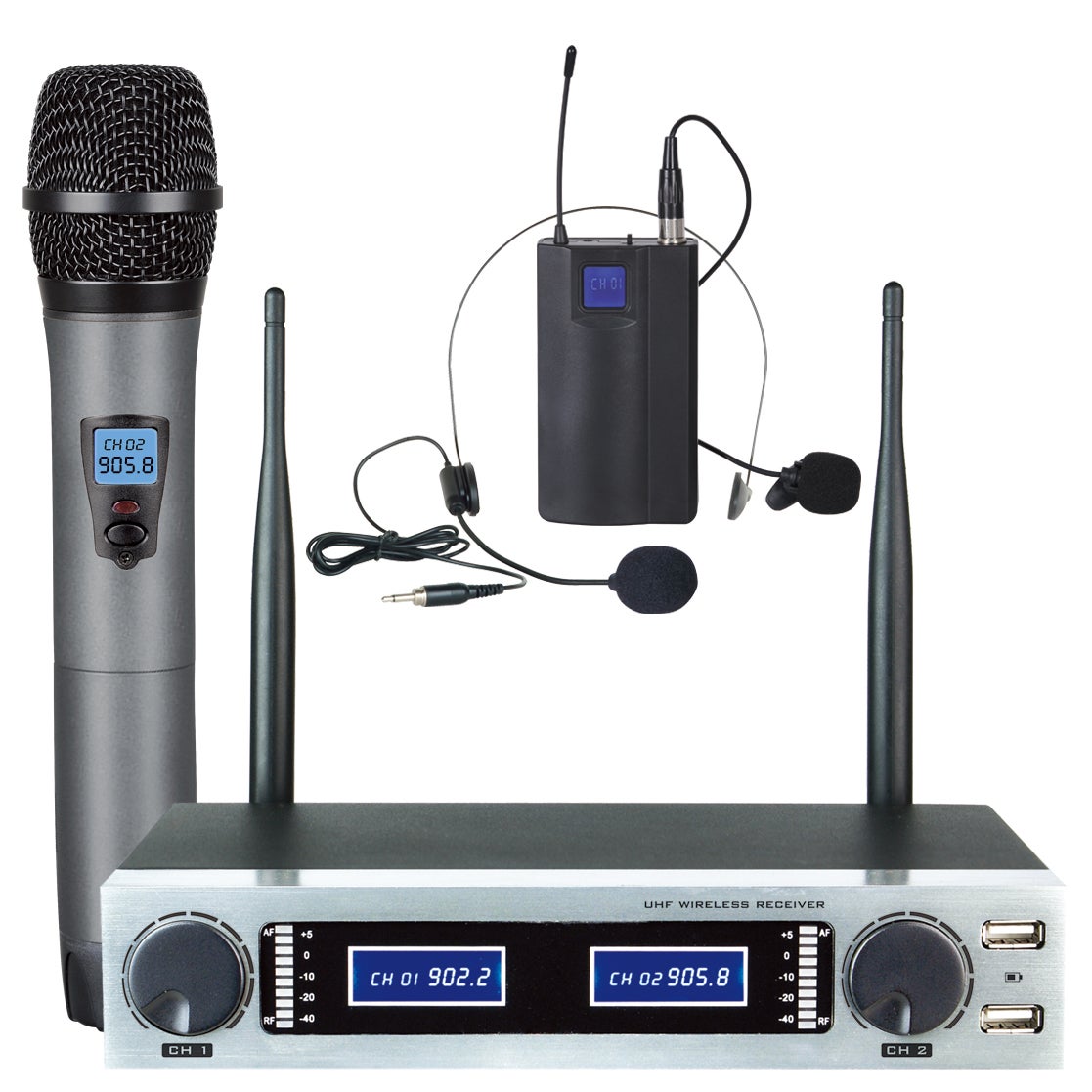 Uhf Microphone Dual Channel Mic + Headset Usb Rechargeable Tc-Hl502U