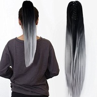 Two Tone Ombre High Grade Silver Gray Straight Clip On Pony Tail 24" Hair Clamp