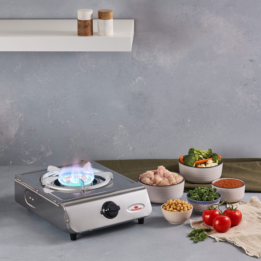 Auscrown Natural Gas Wok Burner + Cast Iron Trivets & Brass Caps