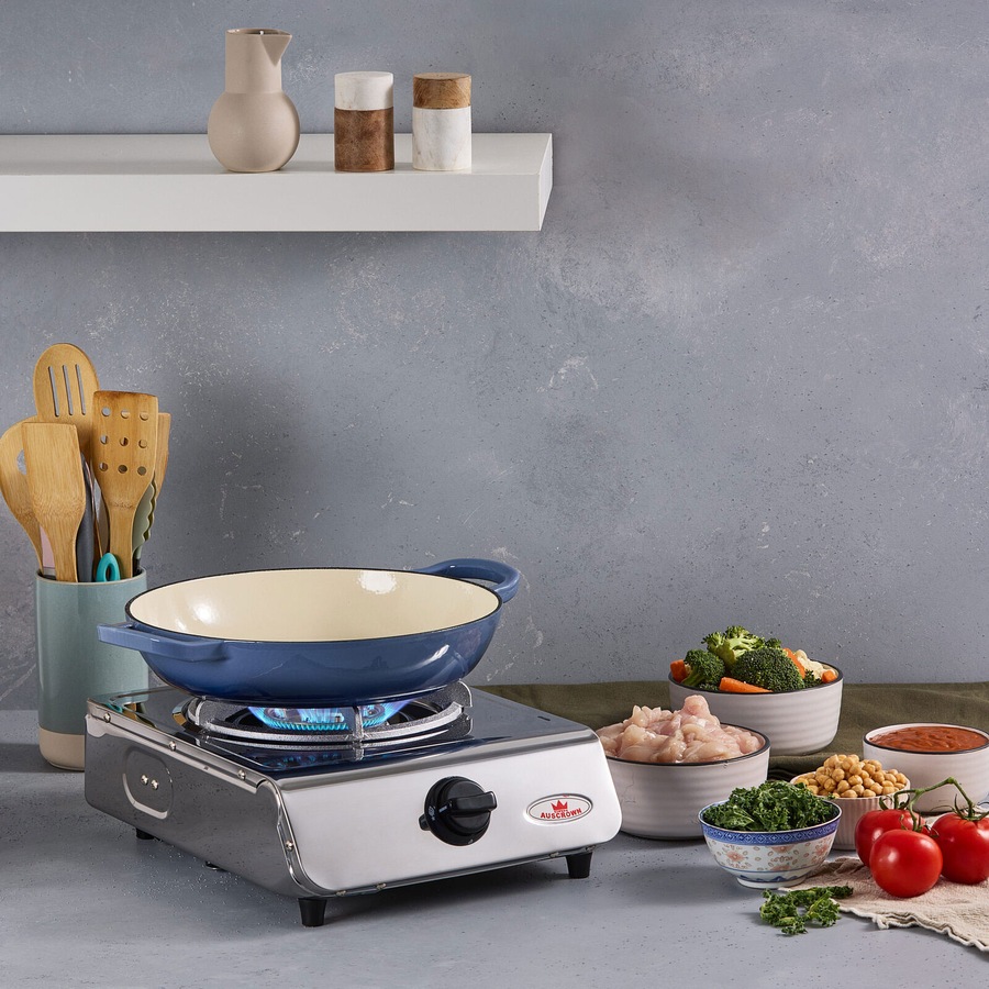 Auscrown Natural Gas Wok Burner + Cast Iron Trivets & Brass Caps